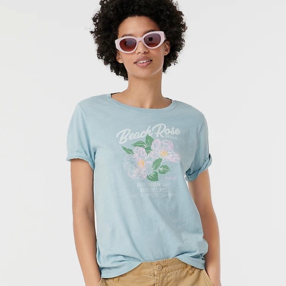 NWT J. Crew Vintage Light Blue Beach Rose Graphic Tee, RARE!!! M